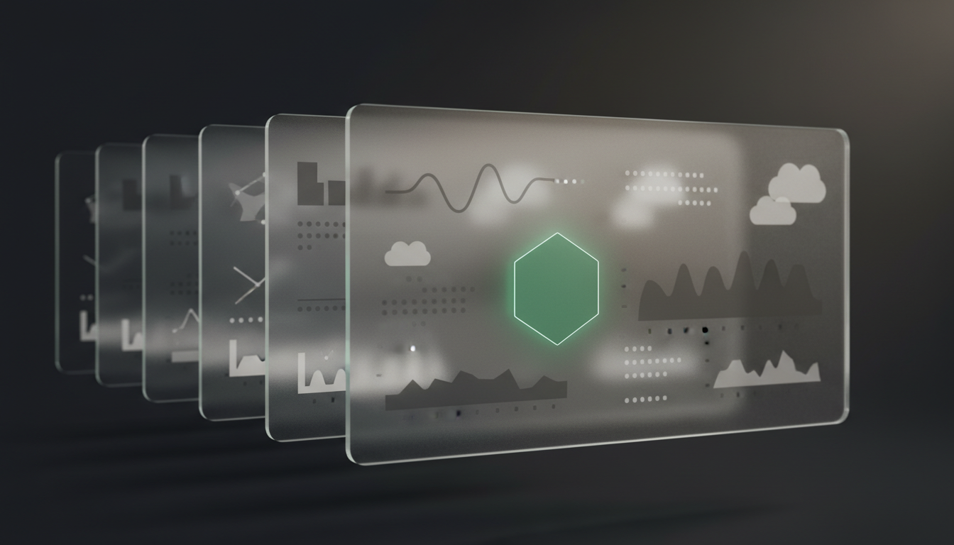 Schwebende Glas-Panels mit angedeuteten Charts und KPI-Highlight
