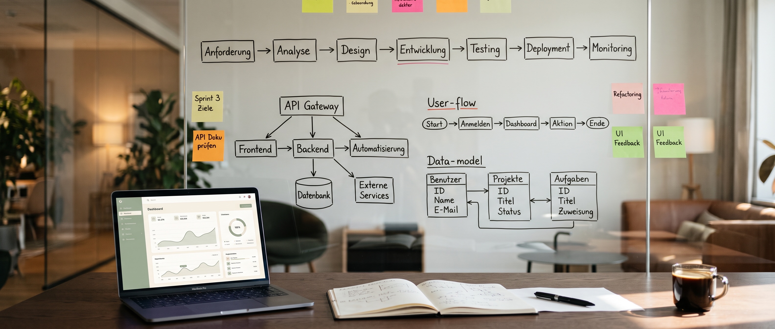 Whiteboard mit Architektur, Prozess- und Datenmodell-Skizzen