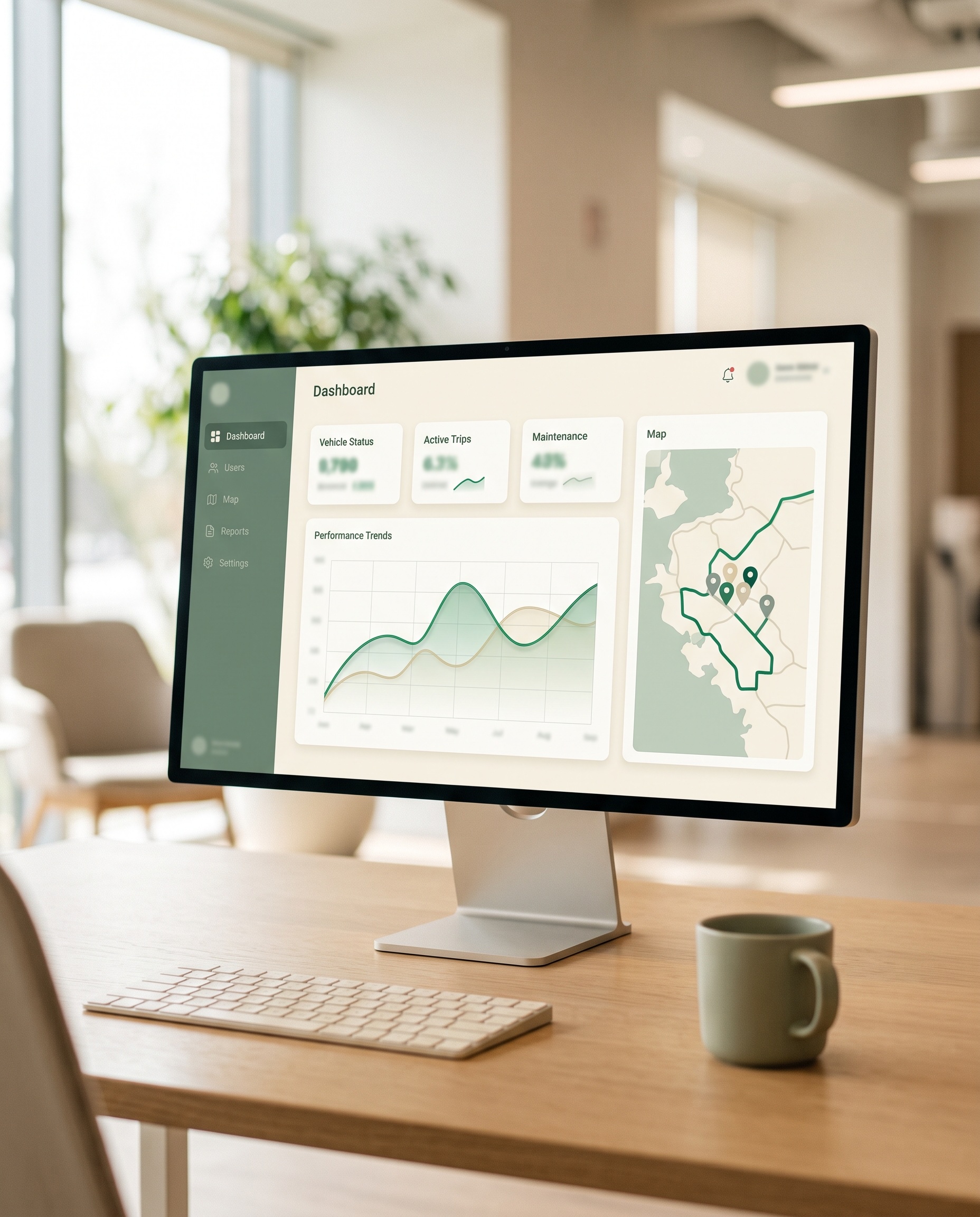 Monitor mit Dashboard, Kennzahlen und Live-Karte in einem hellen Büro